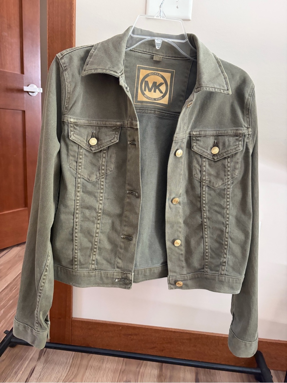 Michael Kors Olive Green Denim Jacket with Gold Buttons. Size L.
